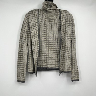 Womens Carlisle Gray Cardigan Set Silk Blend Zip LS Turtleneck SS Preppy Classy