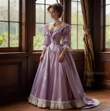 Historical Victorian Prom Dress Lilac Satin Vintage Ruffle Corset Evening Gown