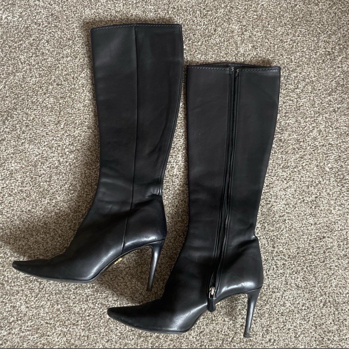 Prada Black Knee High Pointed Toe Stiletto Leather Boots Side Zip EU 38