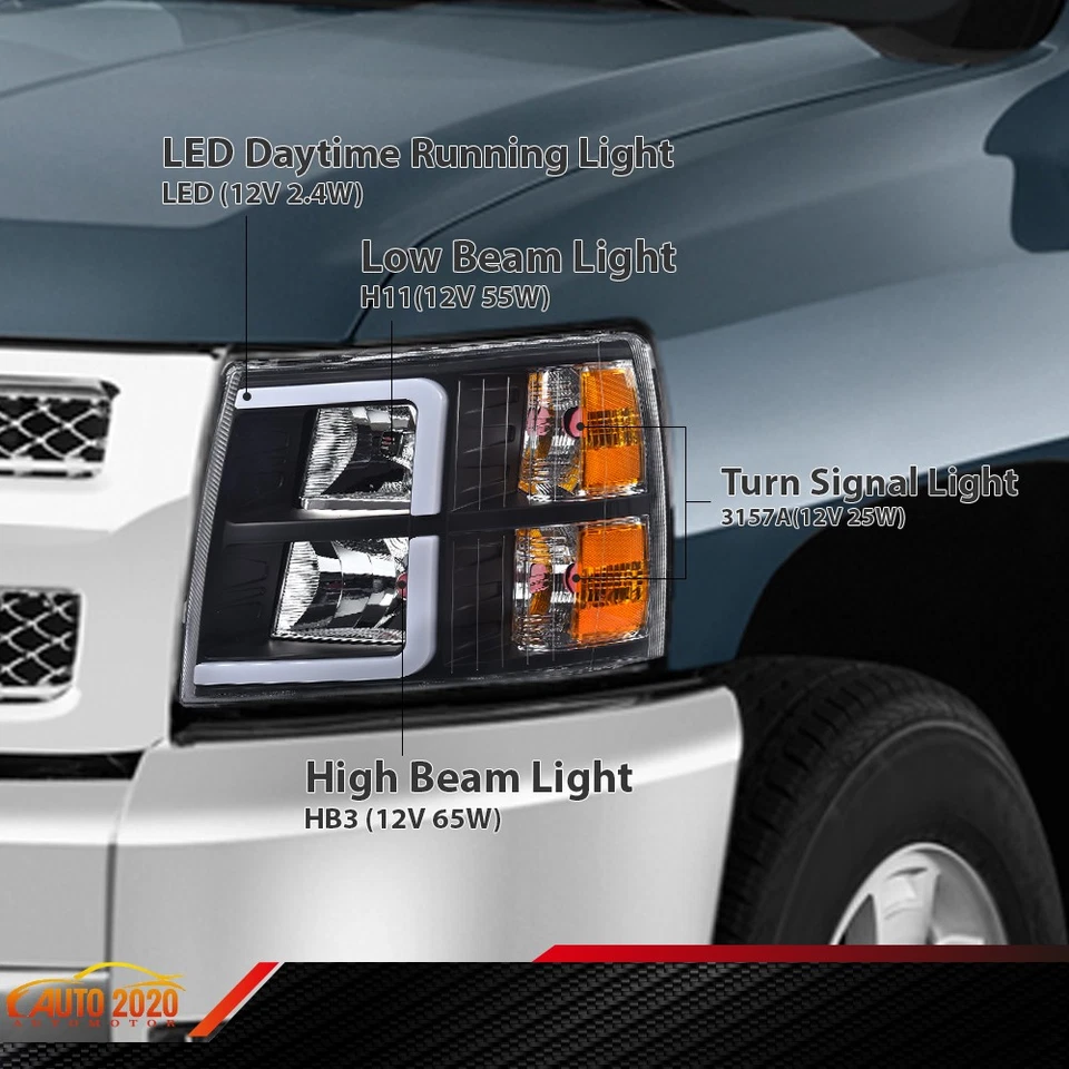 LED DRL Tube Headlights Pair Fit For 2007-2013 Chevy Silverado 1500 2500 HD Foto 4 de 4