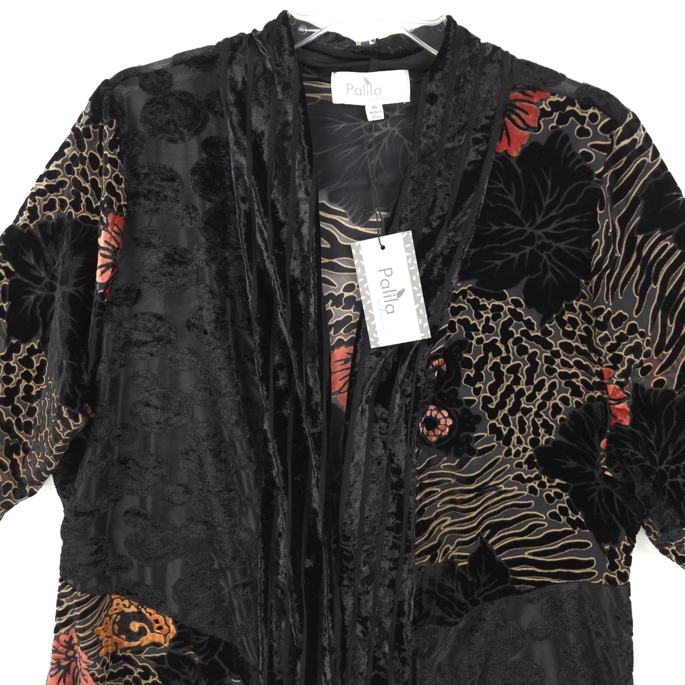 Palila Women's Velvet Burnout Open Front Cardigan Size XL Duster Black Gold Red - Image 2 of 4
