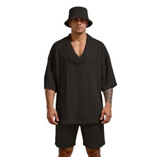 Men's 2 Pieces Outfits Black Casual Summer Three Quarter Sleeves Beach Shorts...