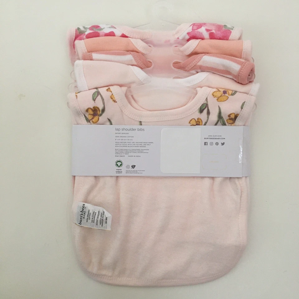 全新 Burt’s Bees 5 翻肩围兜有机棉粉色花卉纯色条纹 — 第 3/4 张图片