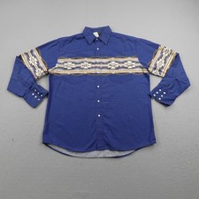 Vintage Rustler Wrangler Shirt Mens Large Blue South Western Pearl Snap Aztec