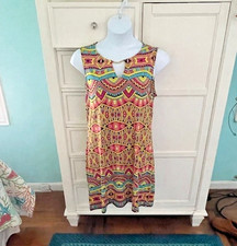 HAANI Yellow Turquoise Sleeveless Boho Shift Dress Size XL w/Chain Keyhole Neck