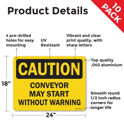 Conveyor May Start Without Warning OSHA Caution Sign Or Decal - 5 or 10 Pack