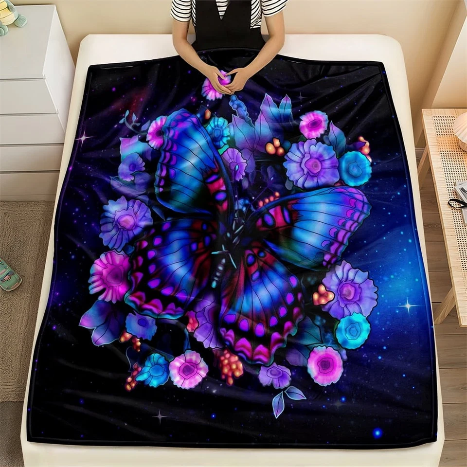 Geometric Butterfly and Purple Flowers Digital Print Flannel Throw Blanket Cozy - Image 4 of 4