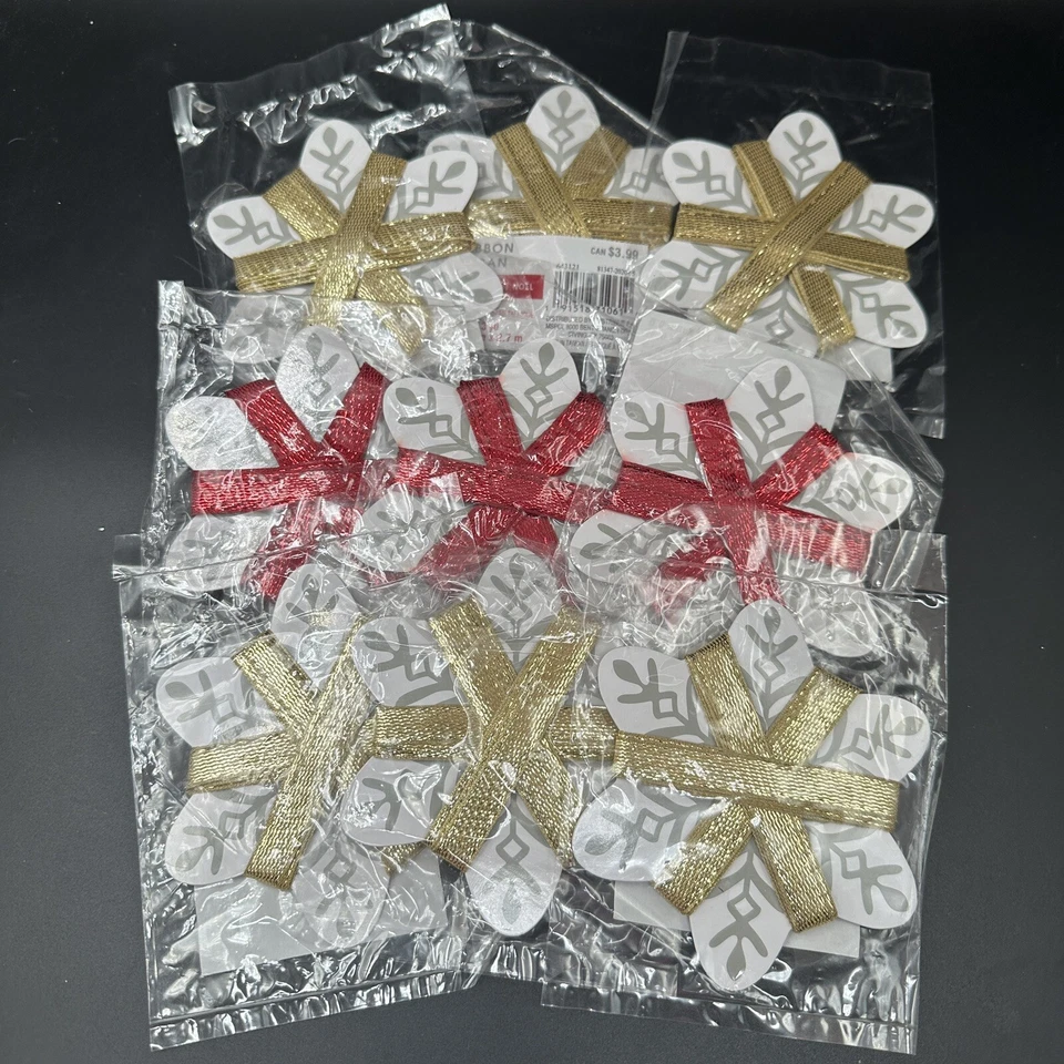 Christmas Ribbon Bows Metallic Red Gold Lot of 9 Shimmer Narrow 3/8 inch x 3yd - Image 2 of 4