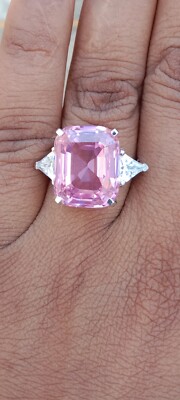 15 CT Cushion Cut Pink Tourmaline & Trillion Cz Three Stone Wedding Ring.