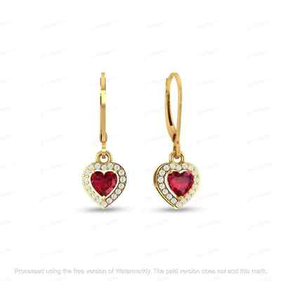 1.5Ct Heart Cut Lab-Created Ruby Drop Dangle Earring 14k Yellow Gold Plated