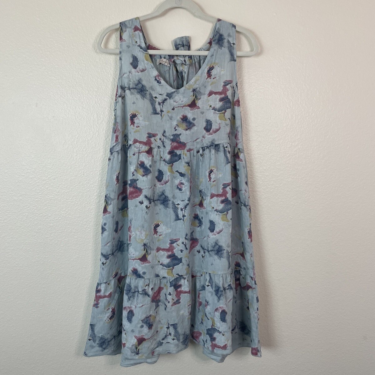 Bellambra V-Neck Tiered Linen Dress Floral Watercolor Blue Small