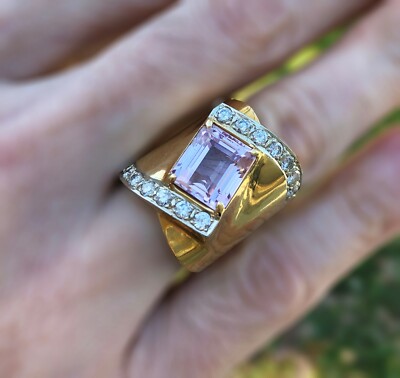 Natural 18k Transparent Pink Kunzite 5 ctw Gemstone & Diamond Ring