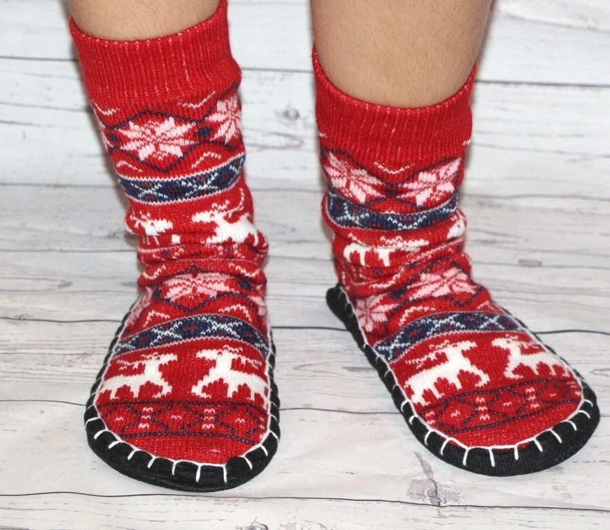 Knitted slipper socks with sole Red wool socks for cold winter Comfy house socks