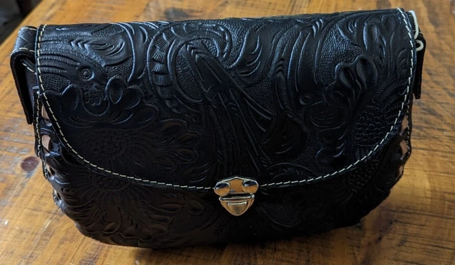 Floral Embossed Leather Shoulder Bag in Black from Mexico, 'Flower Carrier  in Black