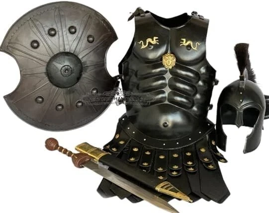 Escudo de armadura romana medieval con armadura de Troya casco espartano con armadura muscular Foto 3 de 3