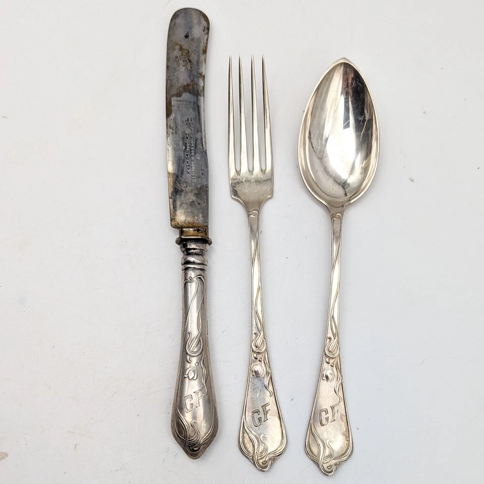 Antiguo Juego de Cubiertos Cuchara Cuchillo Henckels Plata 800 Art Nouveau Haegermann Foto 2 de 4