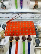 Michael Kors Jet Set Large Studded Pebbled Leather Wristlet Wallet Red Clay