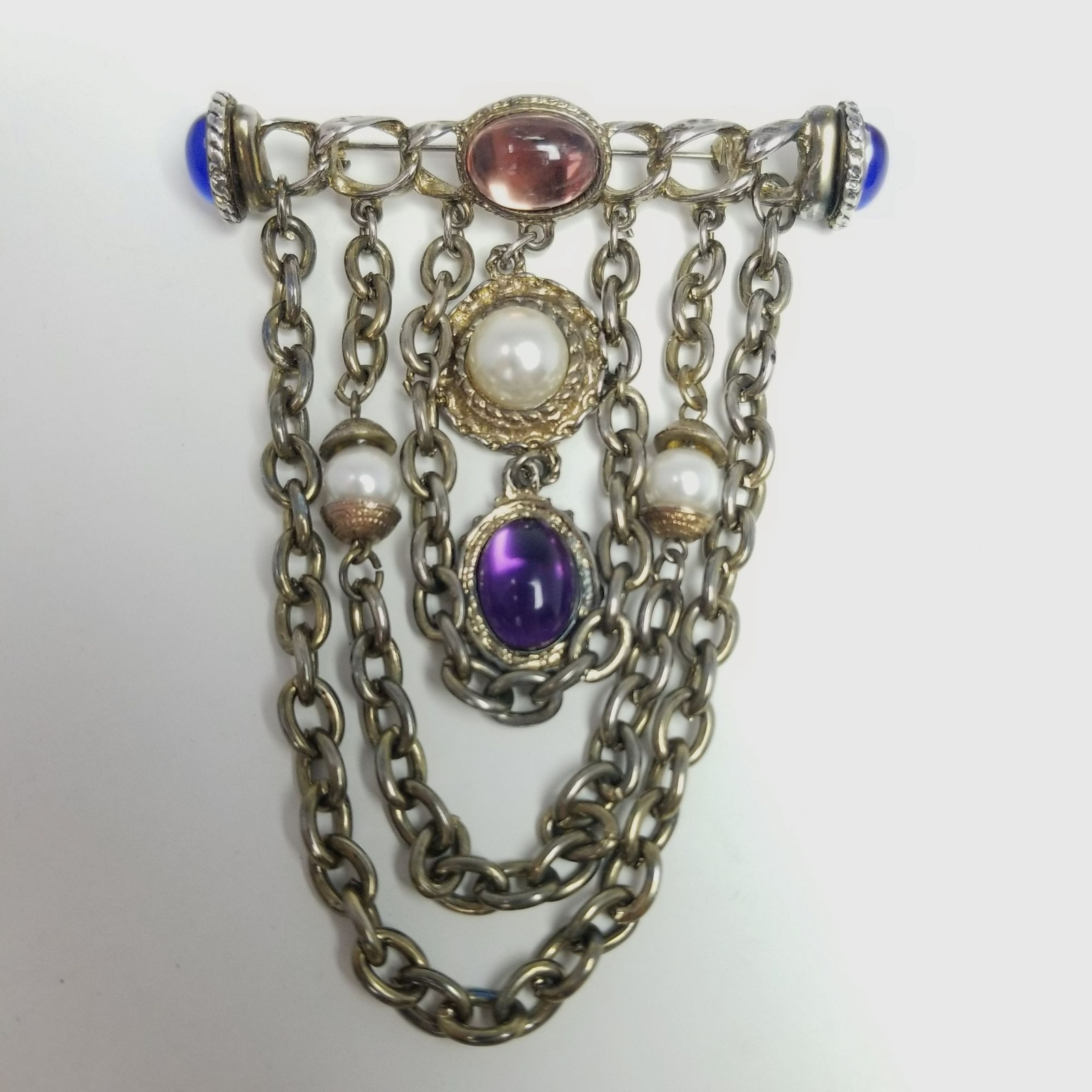 Vintage Victorian Revival Brooch, Swag Chain Colorful Cabochon Bar Lapel Pin-image