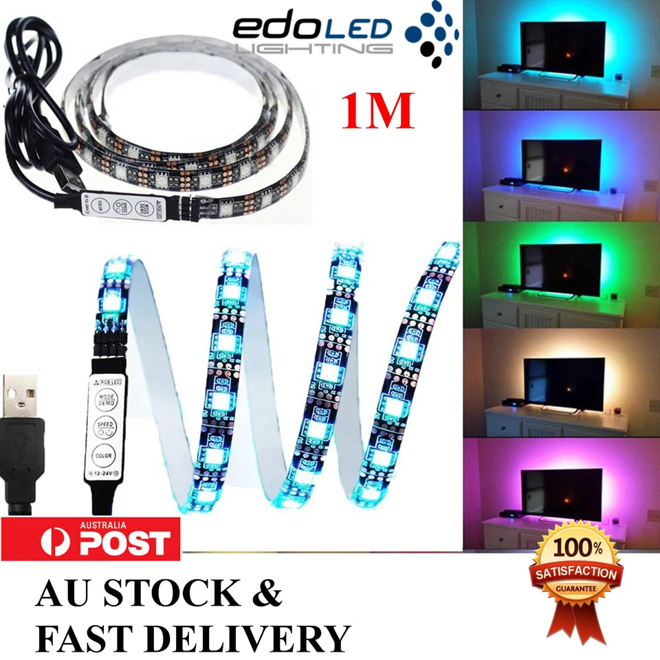 1M 5V RGB LED STRIP LIGHT COLOUR CHANGE USB KIT BACKGROUND LIGHTING TV PC LAPTOP