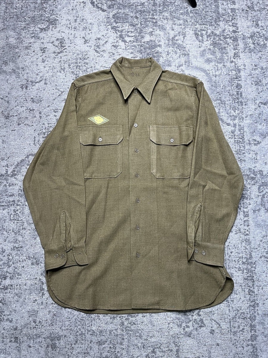 Vintage 40s WWII US Army OG Drab Green Wool Field Shirt Gas Flap