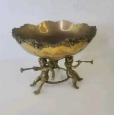 Vintage Antique Brass Pedestrian Bronze Fruit Vase With Trumpeters .