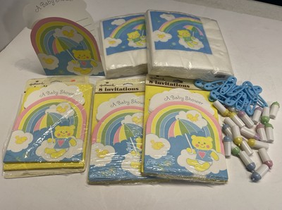 VTG Baby Shower Paper Invitations Napkins Rainbow Bear Plastic Bottles Pin Decor
