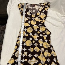 Miss Bisou Brown And Yellow Circle Print Cap Sleeve Mid Length Dress