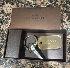 Coach Gold Tone Metal Black Leather Logo Key Chain Keyring 63785B