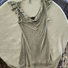 Rue 21 Long Scoop Neck Shirt WMNS S Gray USA Made Cold Shoulder Sleeve EUC