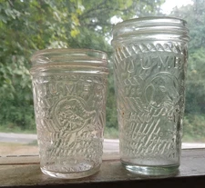 PAIR OF VINTAGE GLASS JUMBO PEANUT BUTTER JARS 4 OZ & 5 OZ FRANK TEA & SPICE CO