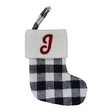 Letter J Buffalo Plaid Monogram Mini Stocking Checkered Black/White Xmas Holiday
