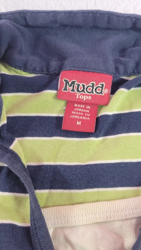 Vintage Y2K Mudd Striped Polo Top Short Sleeve Navy Blue Green Collared Tee Sz M - Image 3 of 4