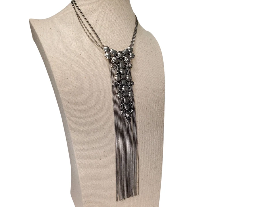 Retro Chicos Runway Silver Tone Brutalist Cascading Tassel Bib Stmt Necklace - Image 4 of 4
