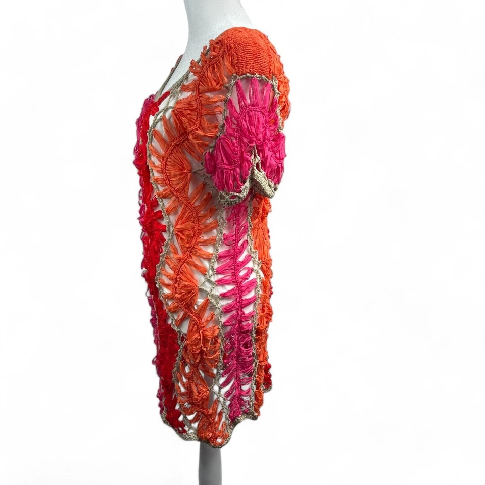Vestido elástico ceñido al cuerpo naranja rosa rojo crochet L Resort Cottage Boho Foto 4 de 4