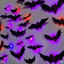 DR.DUDU 36 Pack Halloween Bats Wall Decor – Lighted 3D Bat Stickers Assorted