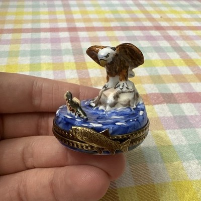 Limoges Peint Main Trinket Box Eagle With Fish