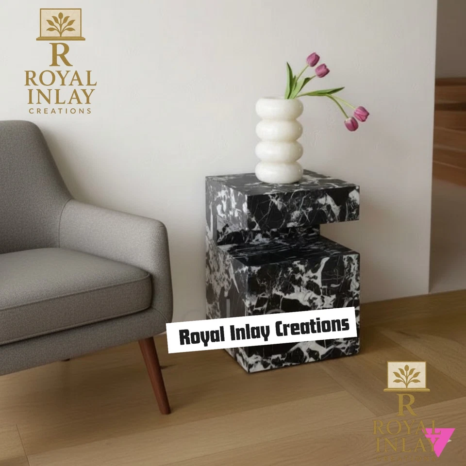 Black Calacutta Marble Pedestal Side Table - Italian Red Marble Accent Table - Image 4 of 4