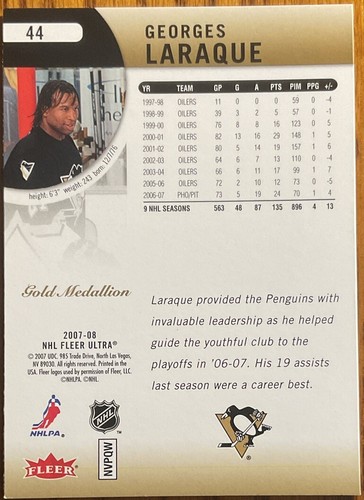 2007-08 Fleer Ultra Gold Medallion Georges Laraque #44 Pittsburgh Penguins - Picture 2 of 2