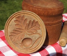 Primitive Antique Wooden Butter Stamp Mold w/ Oak Leaf & Acorn NICE
