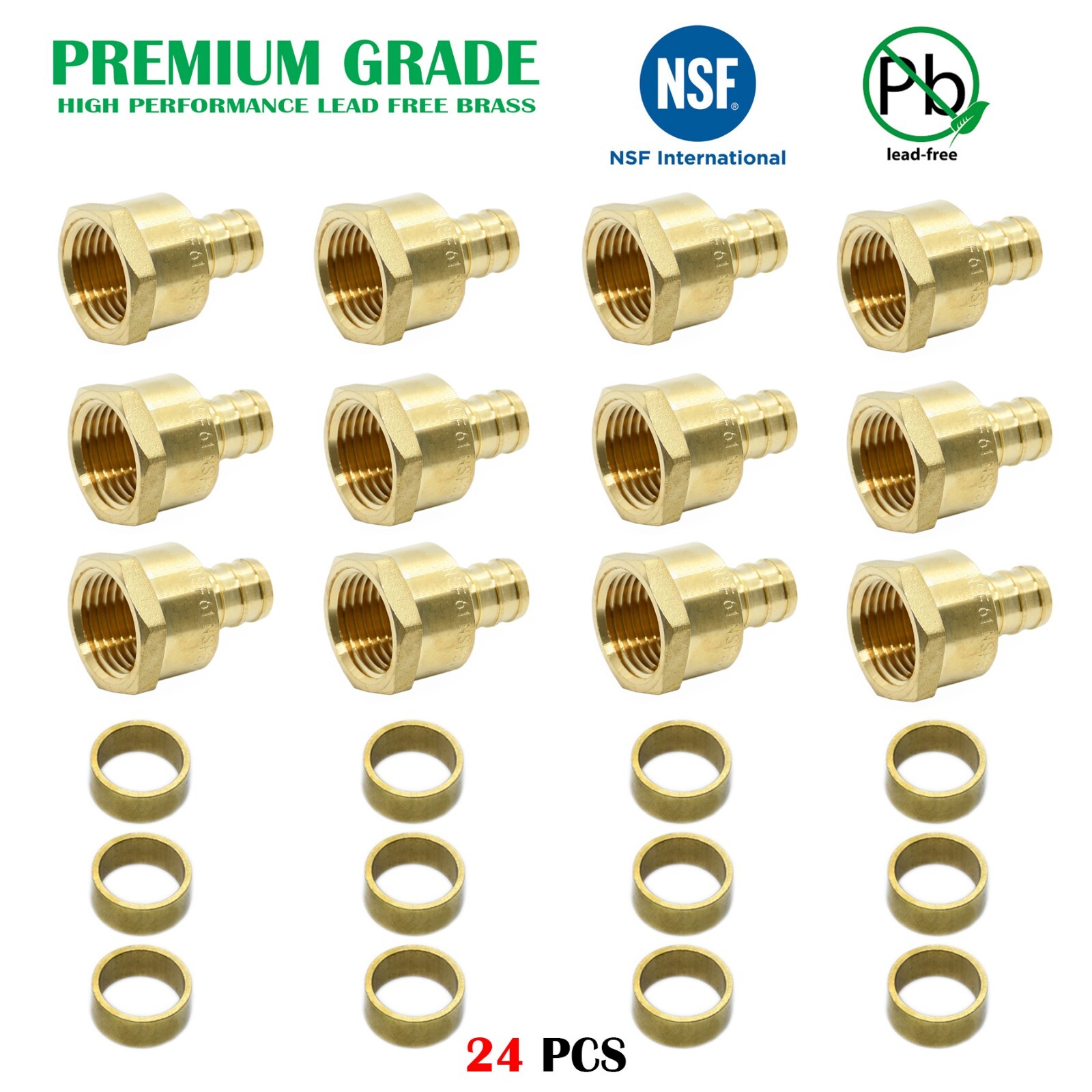 (24 PCS) 3/4" PEX X 3/4" FEMALE NPT THREADED ADAPTER BRASS CRIMP FITTING +RING