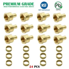 (24 PCS) 1/2" PEX X 1/2" FEMALE NPT THREADED ADAPTER BRASS CRIMP FITTING +RING