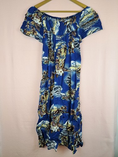 Vintage HILO HATTIE Kleid Gr. S Blau Made in USA Hawaii Schulterfrei 100% Viskose - Bild 2 von 13