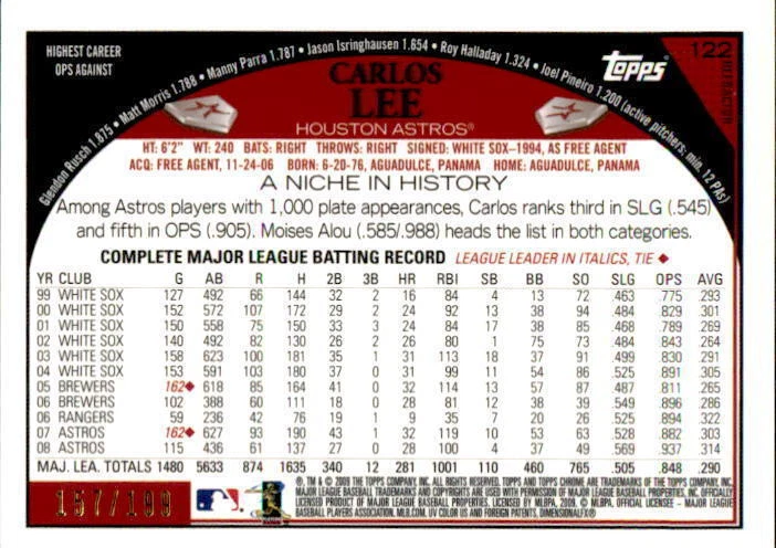2009 Topps Chrome Blue Refractor #122 Carlos Lee #/199 (ref 10781) - Image 2 of 2