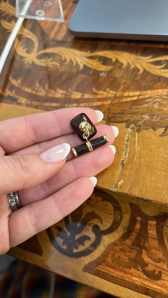 TIFFANY & CO. Vintage 18k Yellow Gold, Wood & Yellow Sapphire Cufflinks 1970s - Image 3 of 4