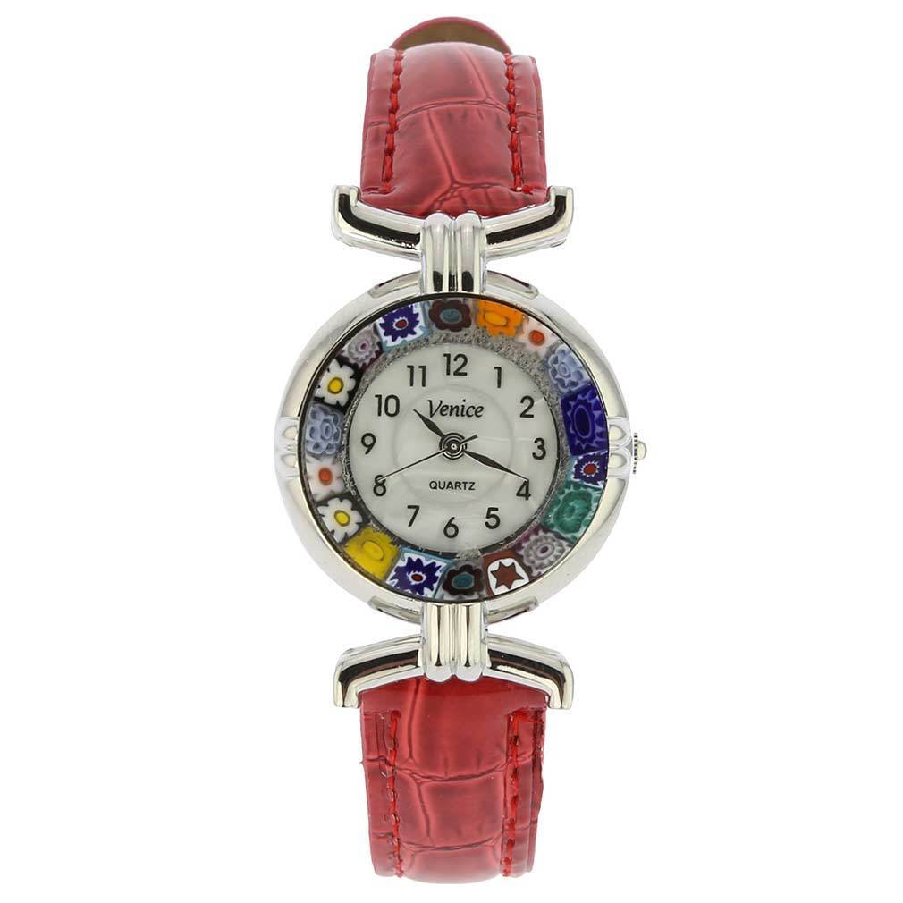 GlassOfVenice Murano Glass Millefiori Watch with Leather Band - Silver Red