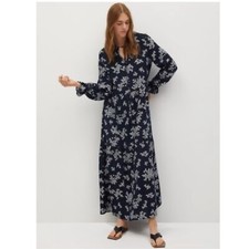 Mango women's blue /white floral tie-up neck with gathered detail maxi dress 2 