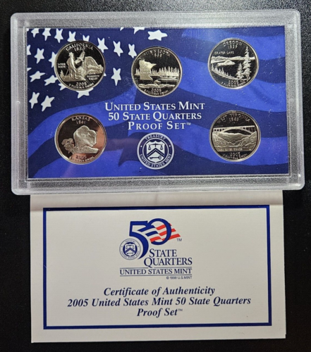 2005 US MINT 50 STATE QUARTERS BEAUTIFUL PROOF SET 5 QUARTERS PLASTIC CASE + COA