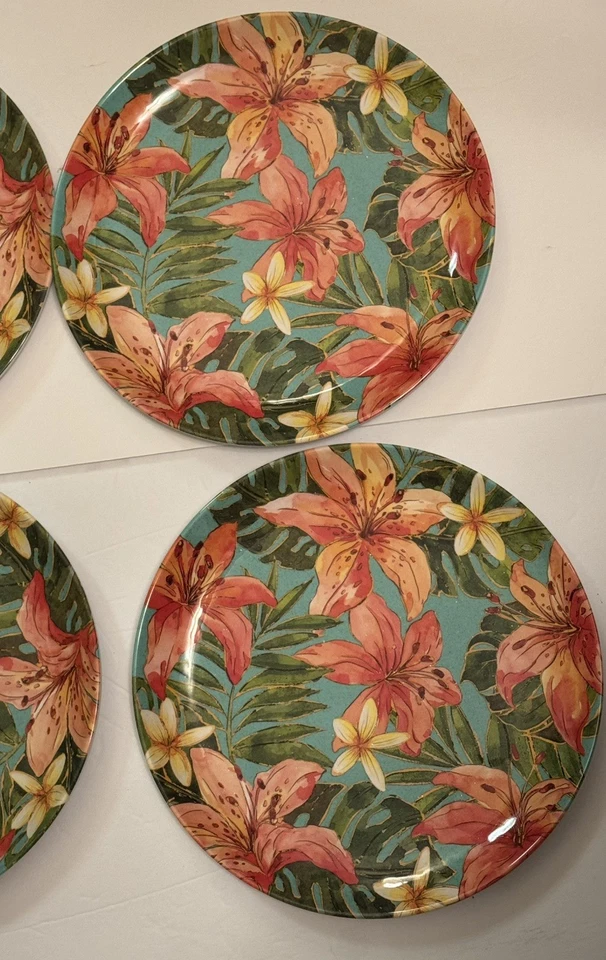 Tommy Bahama Melamine Dinner Plates 11" Hibiscus Tropical Flowers Set Of 4 EUC - Image 4 of 4