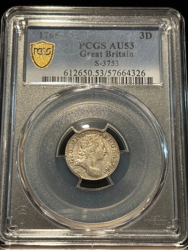 GREAT BRITAIN 3 Pence 1763/5 Overdate, PCGS AU53 About UNC, 2nd Finest Rare. K8 - Image 3 of 4