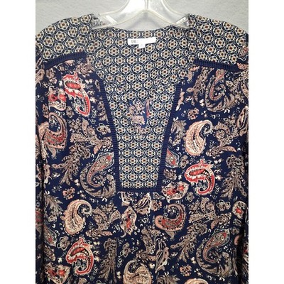 DR2 Womens Navy Paisley Mixed Print V-Neck Blouse Top Large Boho Peasant